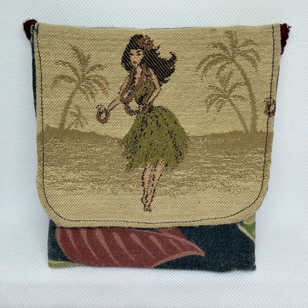 Vintage Woven Tapestry Hawaiian Crossbody Pouch Bag Hula Girl Tropical Tiki Boho